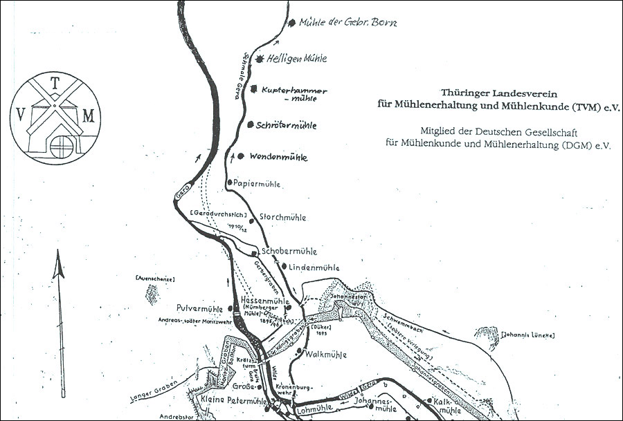 Karte Mühlenstandorte in Erfurt Nord